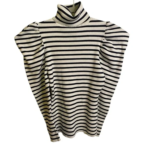 A.L.C. Baker Puffed Shoulders Black and White Striped Turtleneck Sweater - Picture 7 of 16